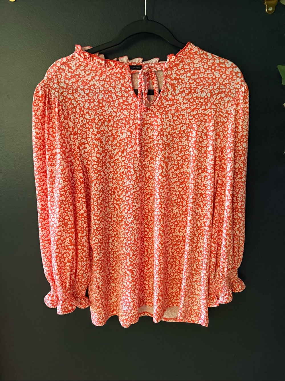 Adrianna Papell Coral and White Floral Tie-Neck Blouse